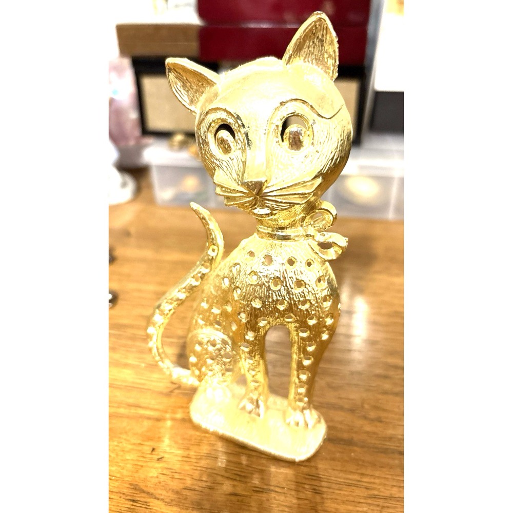 Pierced earring holder decorative Torino gold tone metal cat/kitty Vtg